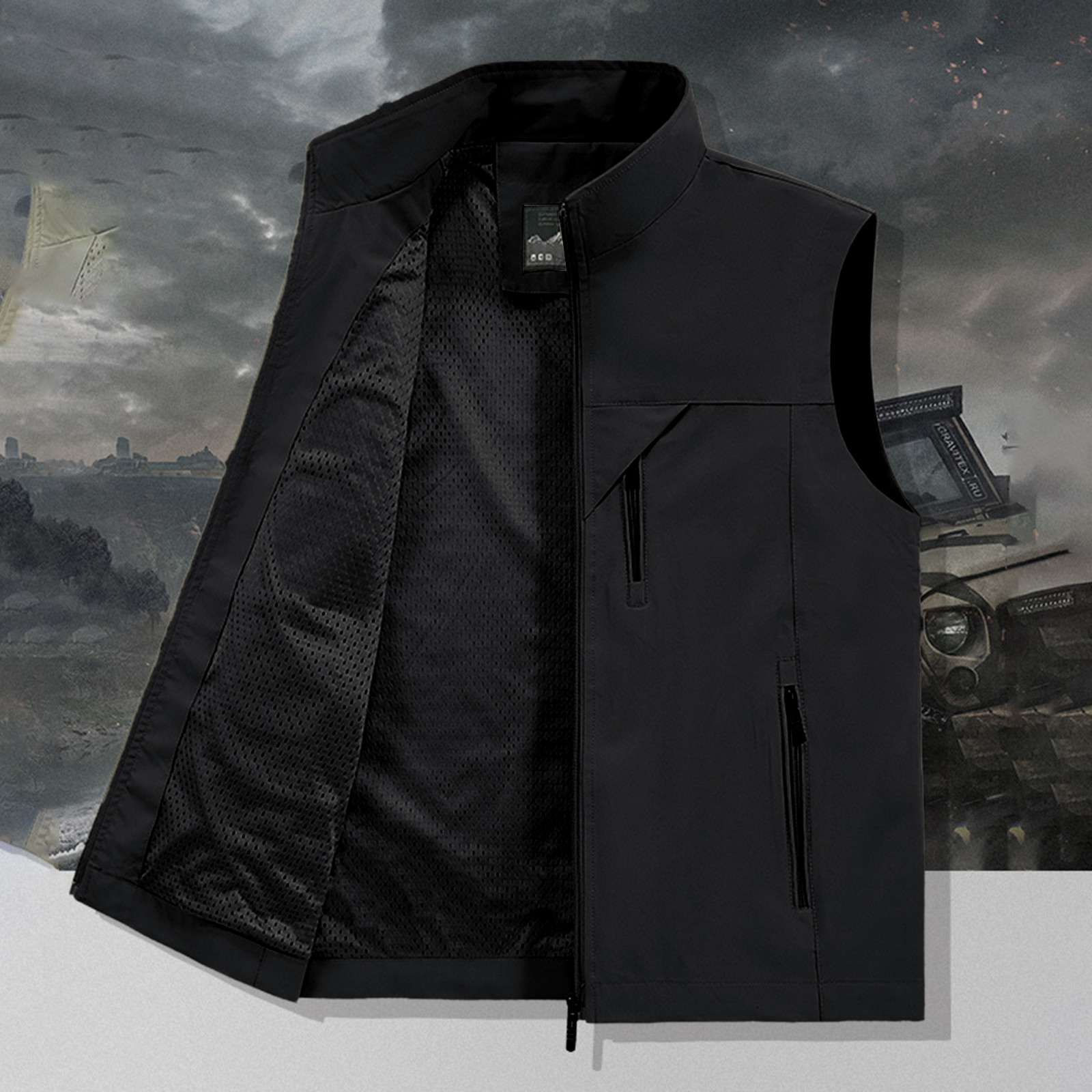 thumbnail image 5 of Chaleco sin mangas de imitación de cuero para hombre, chaqueta de club de motociclistas: cremallera frontal, múltiples bolsillos, para montar en moto/ropa urbana (M-XXXXXXL), 5 of 5